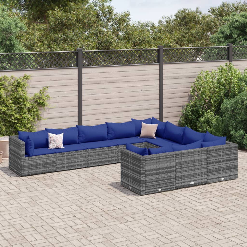 10-delige Loungeset met kussens poly rattan grijs