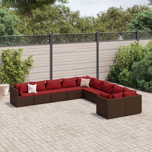 10-delige Loungeset met kussens poly rattan bruin