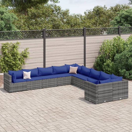 10-delige Loungeset met kussens poly rattan grijs