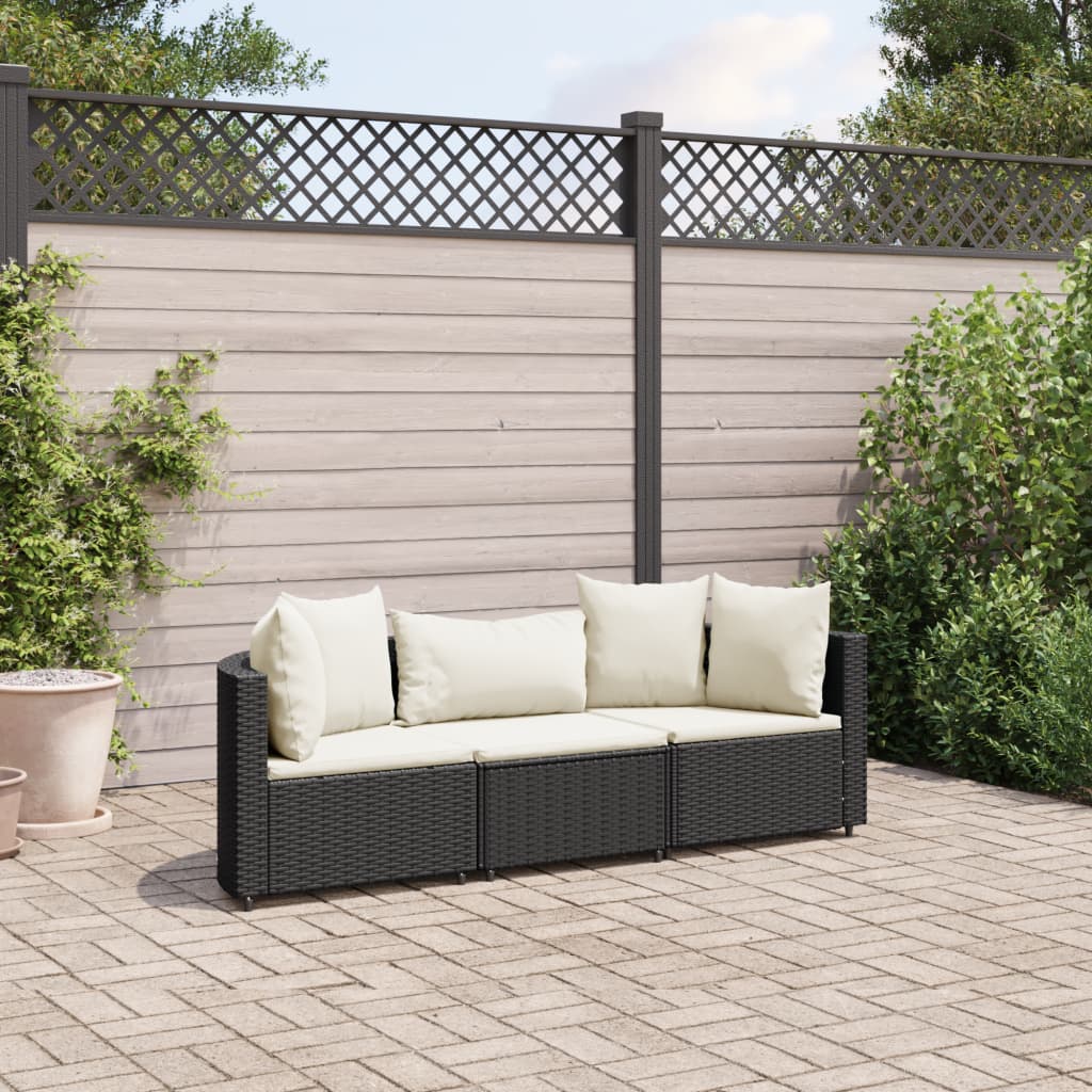 3-delige Loungeset met kussens poly rattan zwart