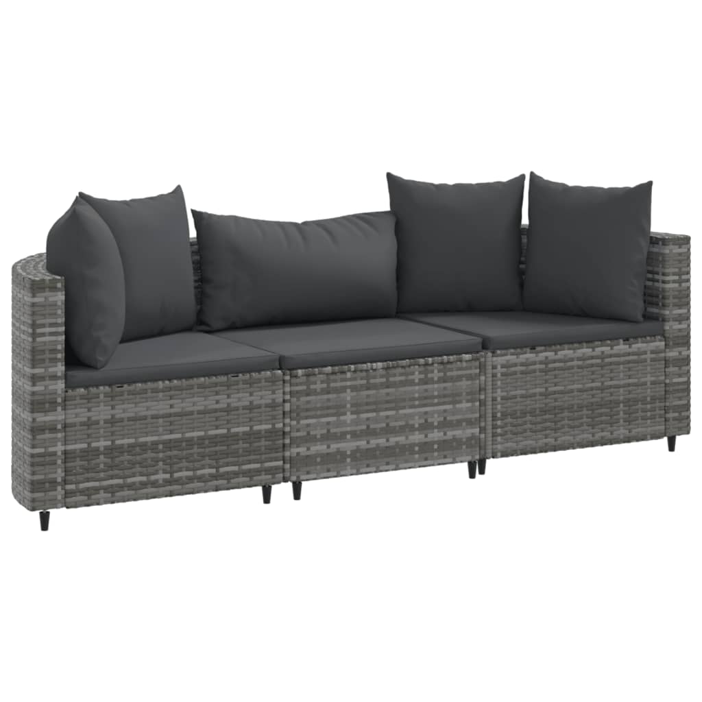 3-delige Loungeset met kussens poly rattan grijs