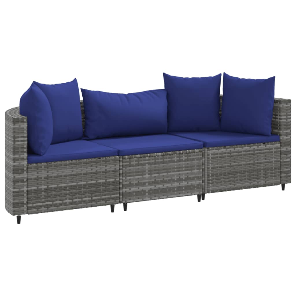 3-delige Loungeset met kussens poly rattan grijs