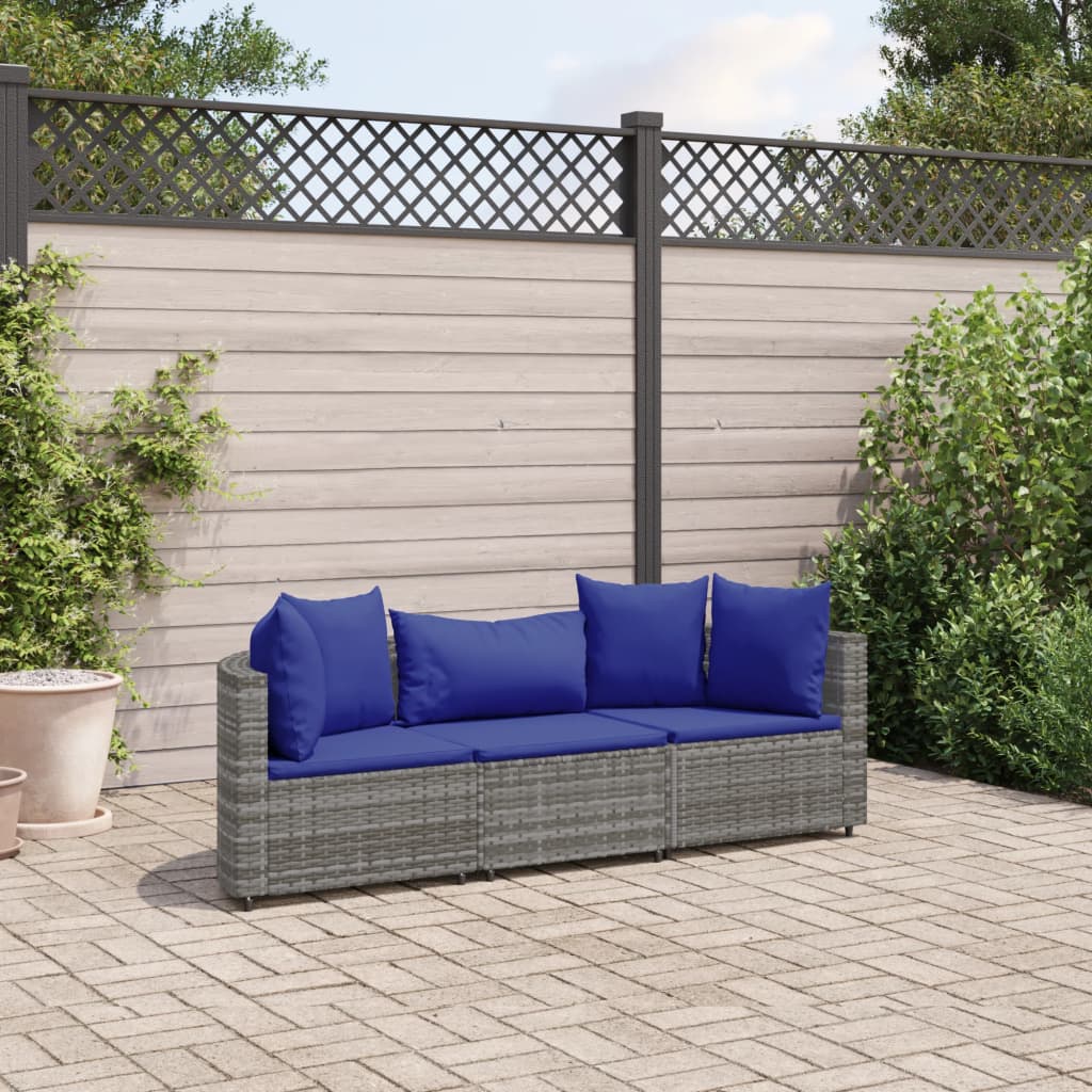 3-delige Loungeset met kussens poly rattan grijs