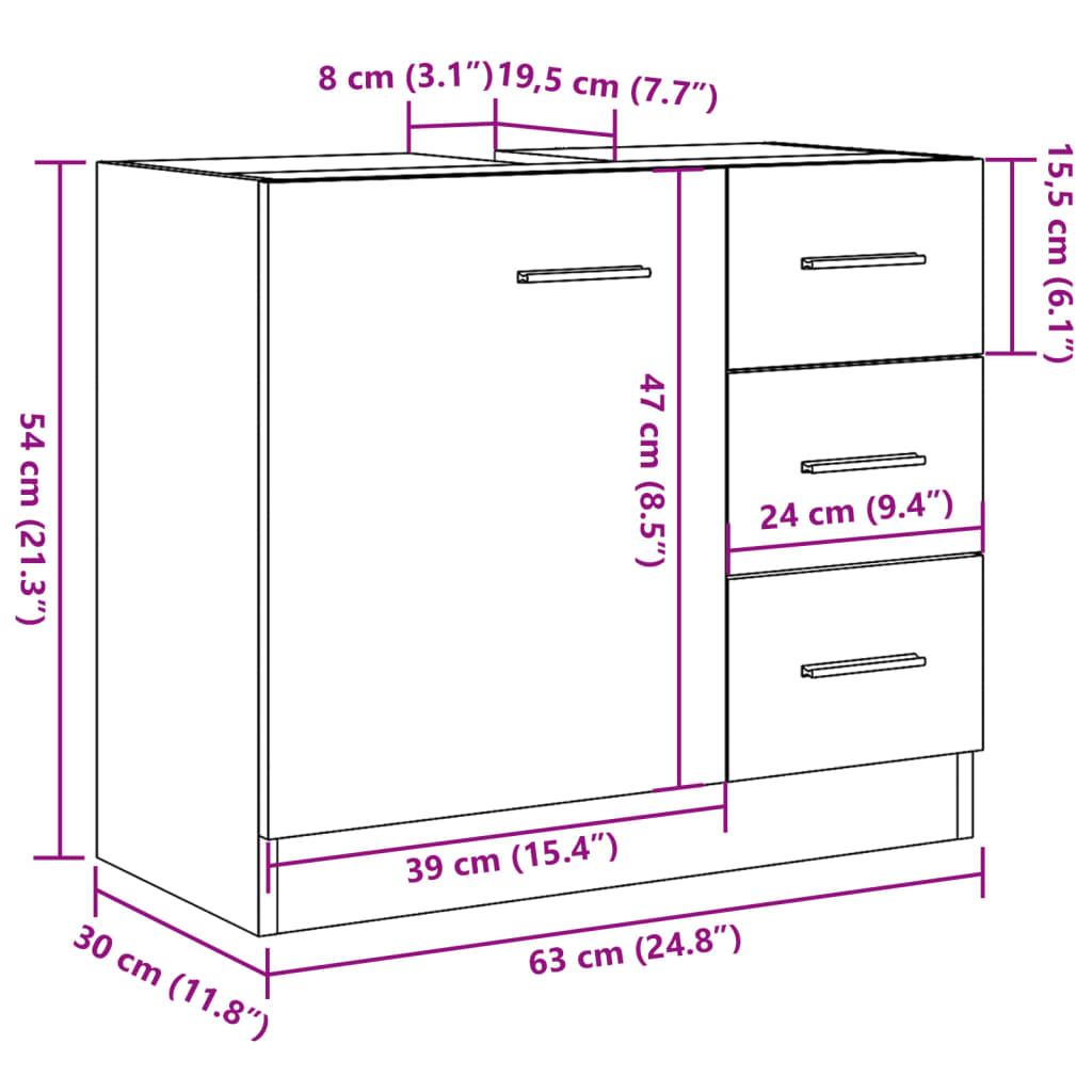 Wastafelkast 63x30x54 cm bewerkt hout artisanaal eikenkleur