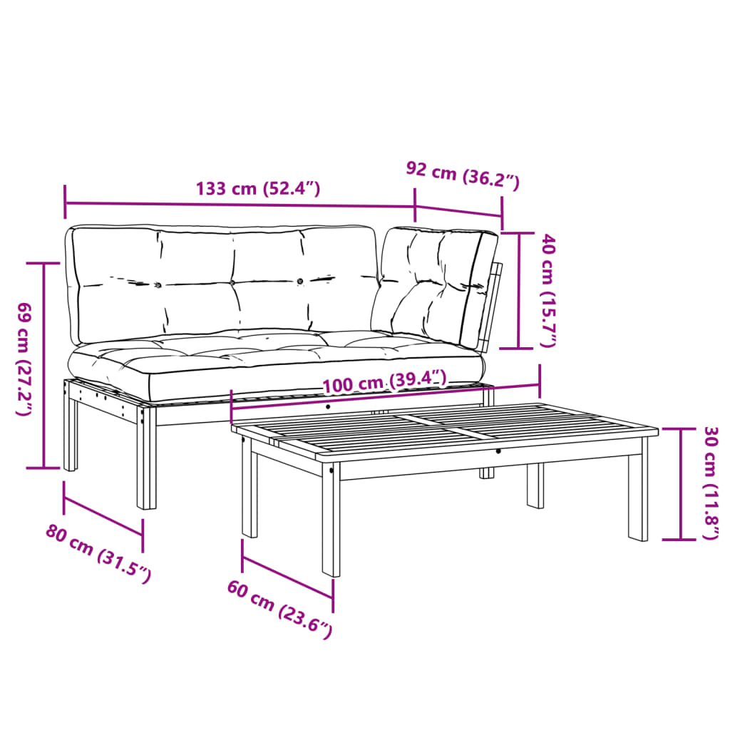 2-delige Loungeset pallet met kussens massief acaciahout