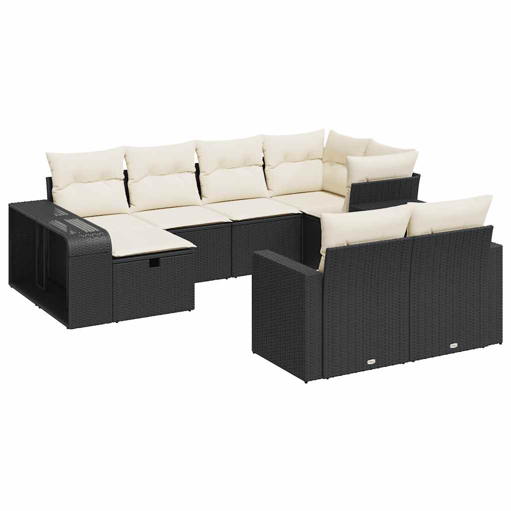 10-delige Loungeset met kussens poly rattan zwart